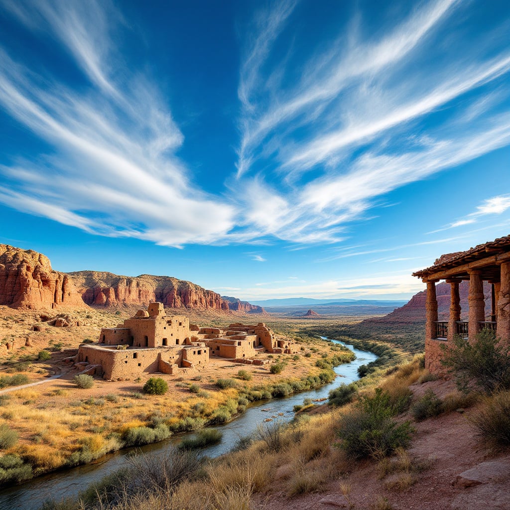 A scenic view of ancient adobe structures beside a river in a desert landscape.