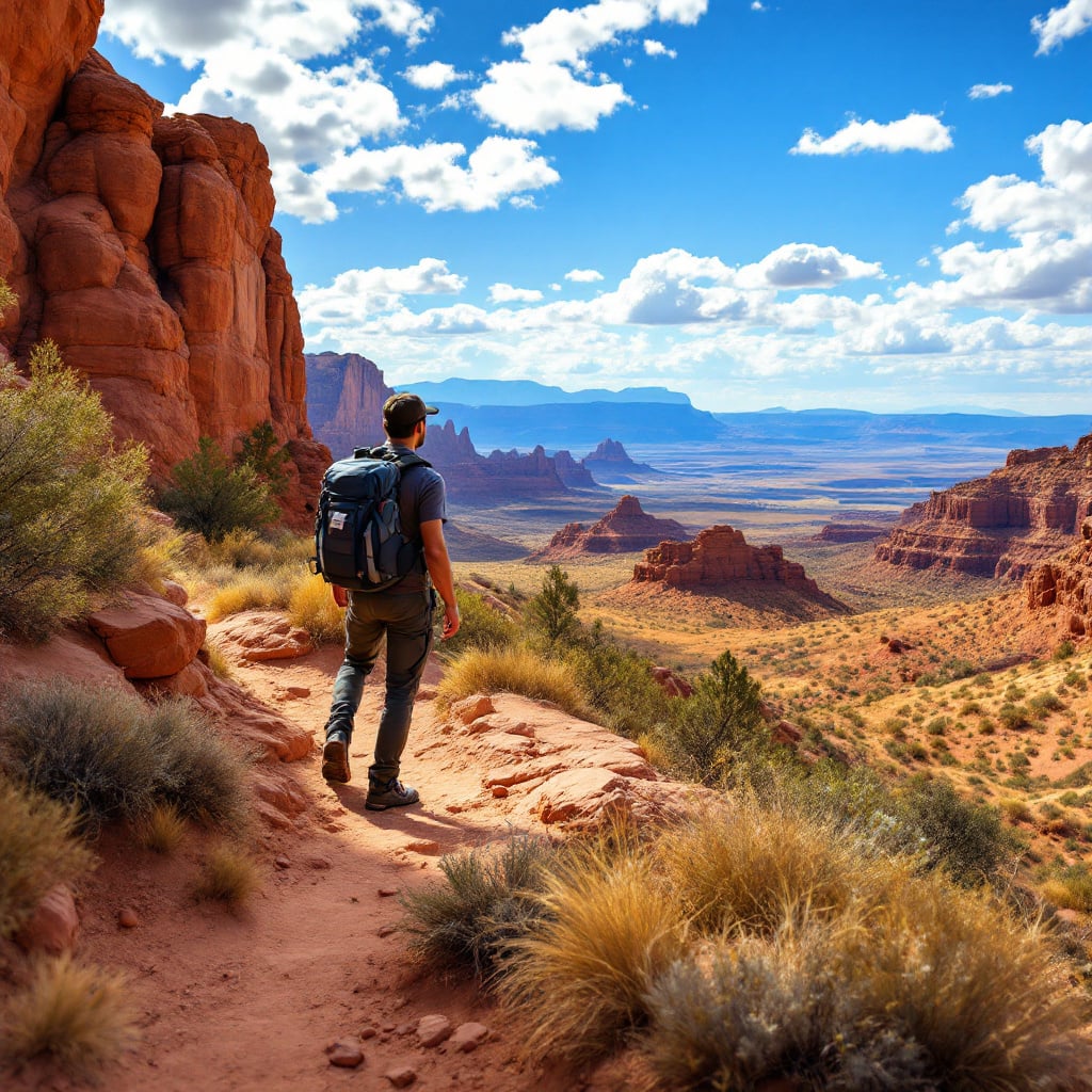 A hiker stands on a trail overlooking a vast desert landscape with red rock formations and distant mountains under a blue sky.