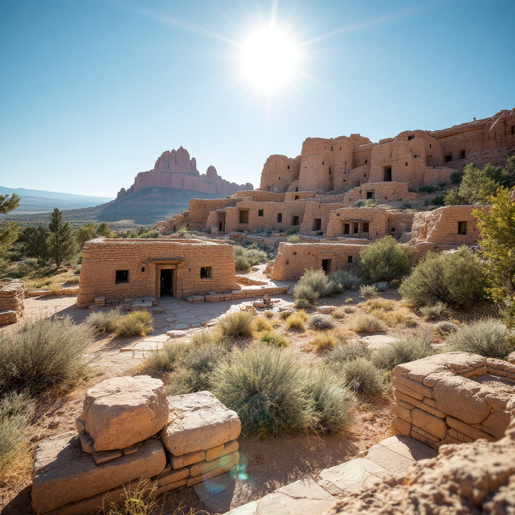 A historical site featuring ancient stone structures surrounded by desert vegetation and mountains in the background.