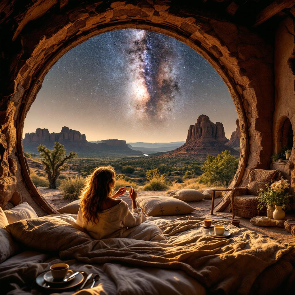 A woman sits in a cozy setting, gazing at a starry sky through a circular window with desert landscapes in the background.