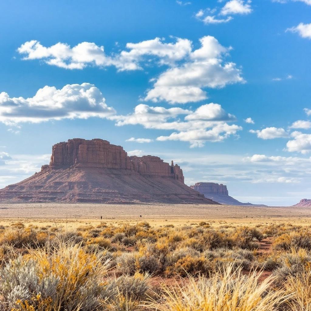 A scenic view of a desert landscape featuring large rock formations under a blue sky with clouds.
