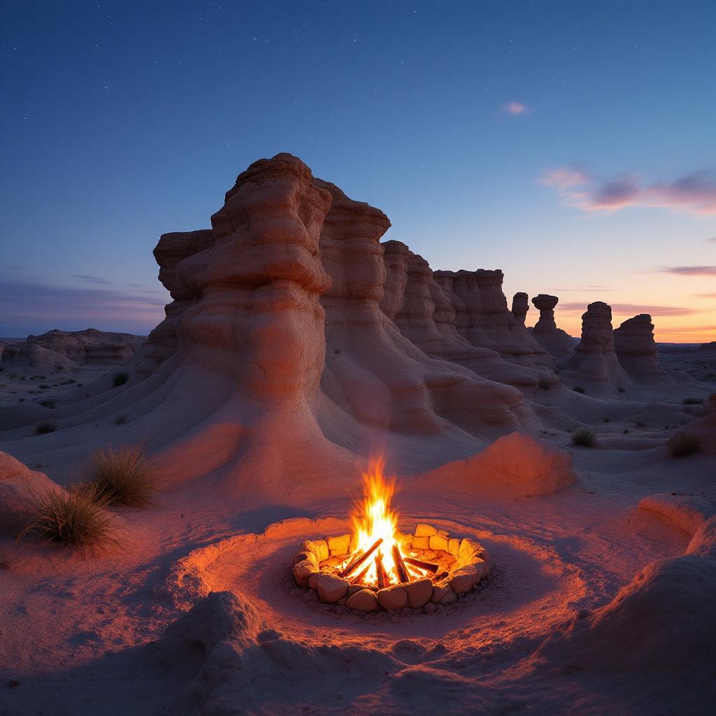 A campfire burns brightly in a desert landscape at dusk, surrounded by unique rock formations.