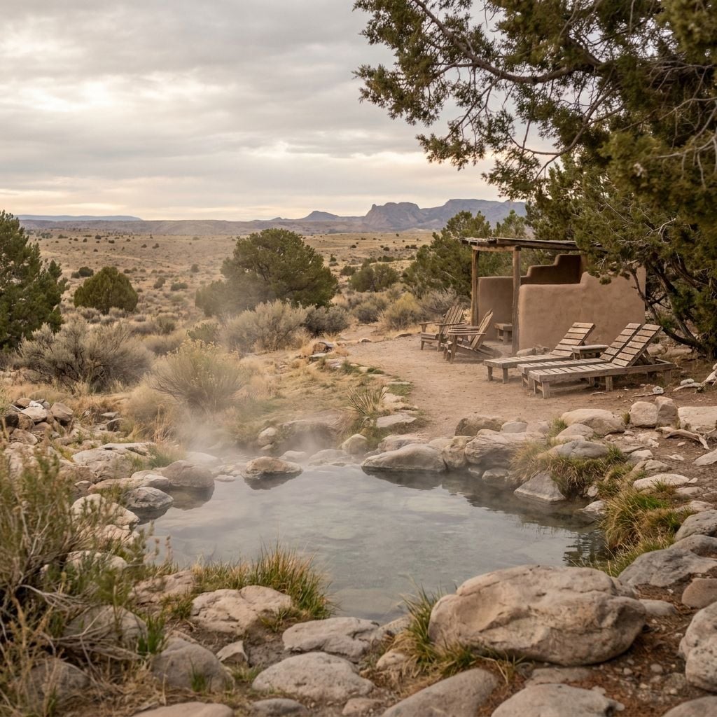 A natural hot spring surrounded by desert landscape and lounge chairs.