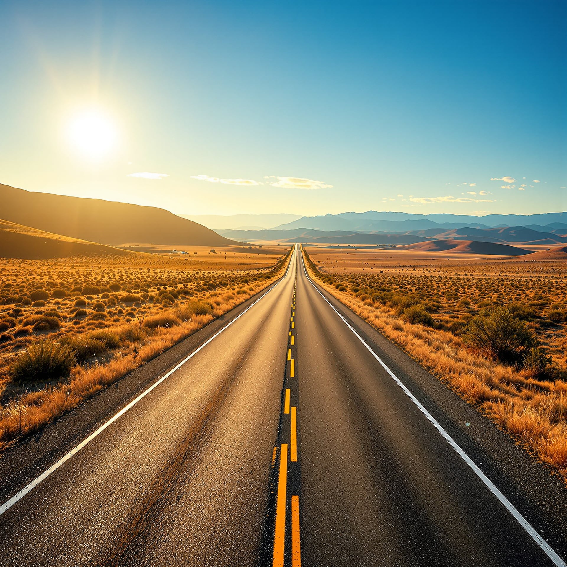 A long, straight road stretches through a desert landscape under a clear blue sky.
