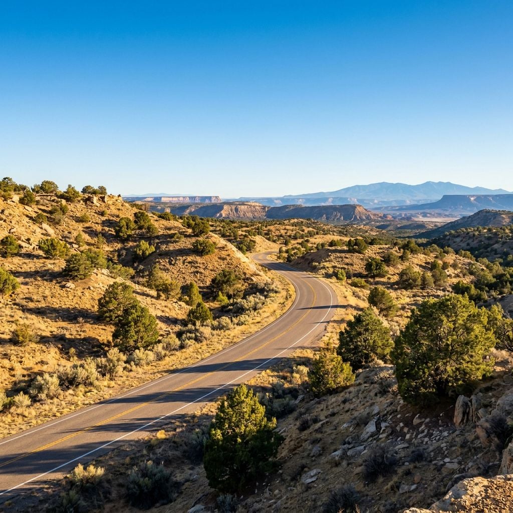 A winding road through a desert landscape with mountains in the background.