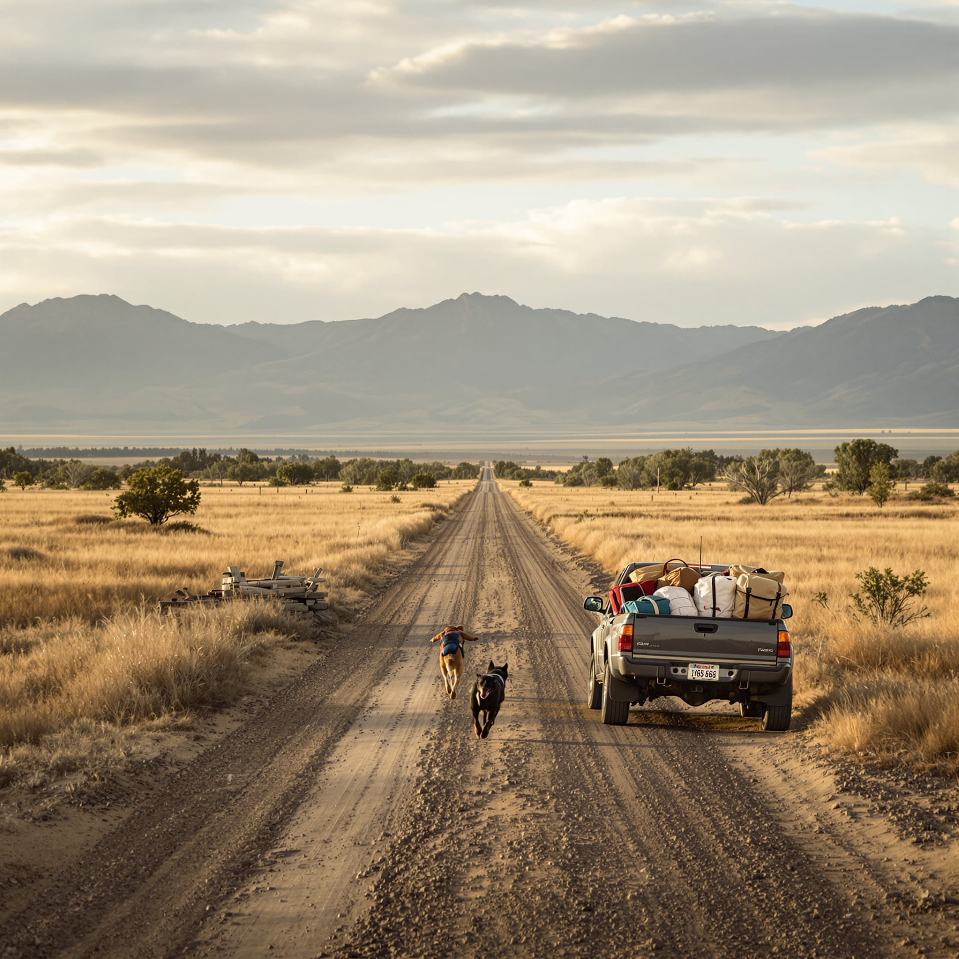 A pickup truck parked on a dirt road with two dogs running alongside it in a rural landscape.