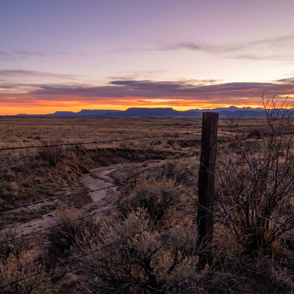 A sunset view over a southwestern landscape with distant mountains and a fence post in the foreground.