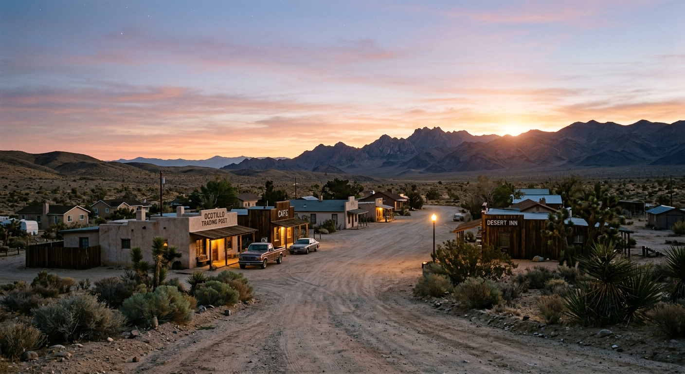 A desert town at sunset with vintage cars and mountains in the background.
