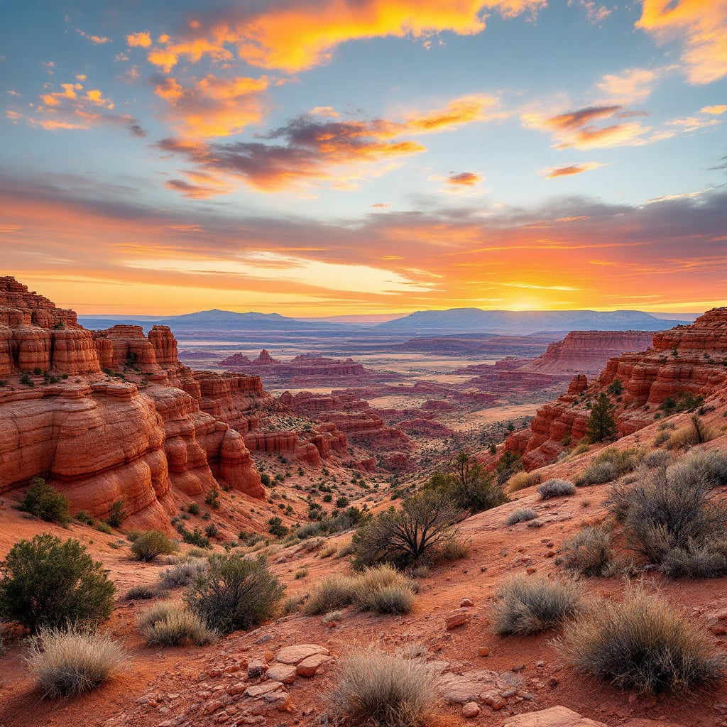 A scenic view of a canyon landscape at sunset with vibrant colors in the sky.