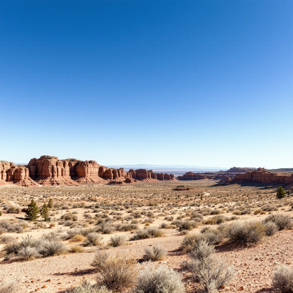 A vast desert landscape featuring rock formations and sparse vegetation under a clear blue sky.