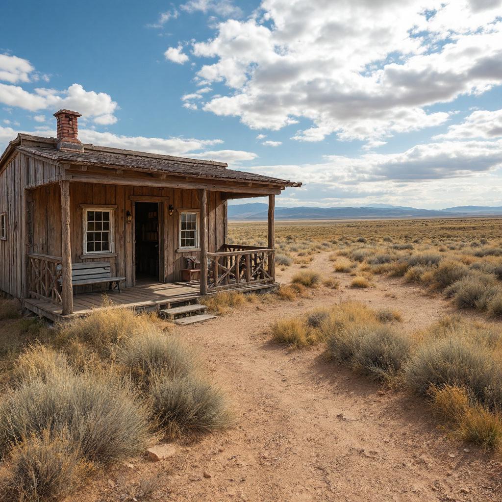 A rustic wooden cabin stands in a vast, dry landscape under a cloudy sky.