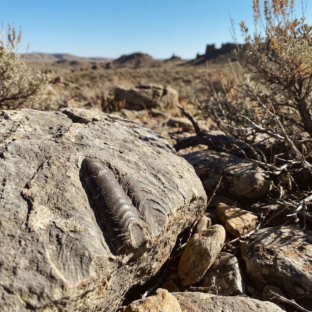 A fossilized shell embedded in a rocky surface in a desert landscape.