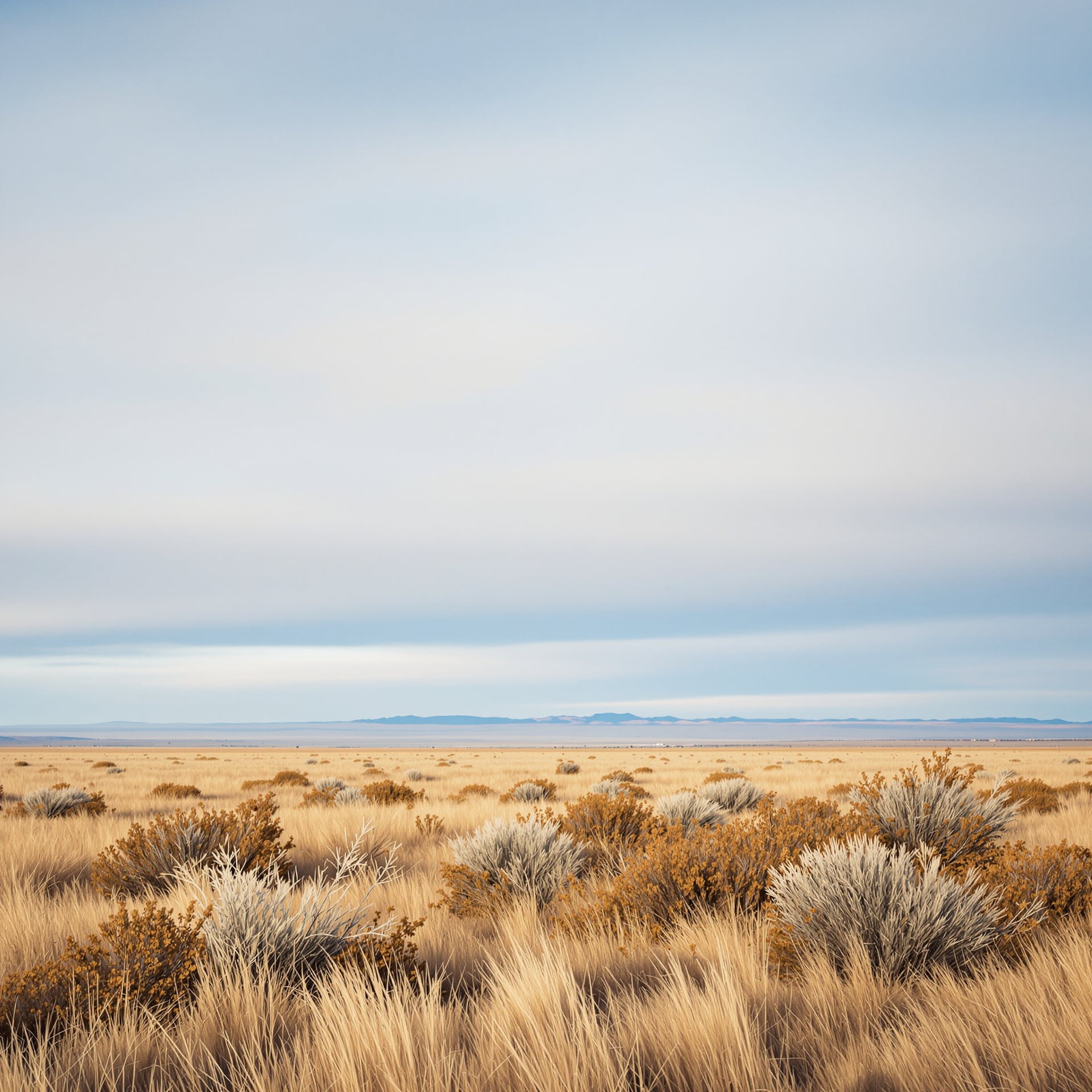 A vast landscape featuring dry grass and sparse shrubs under a cloudy sky.