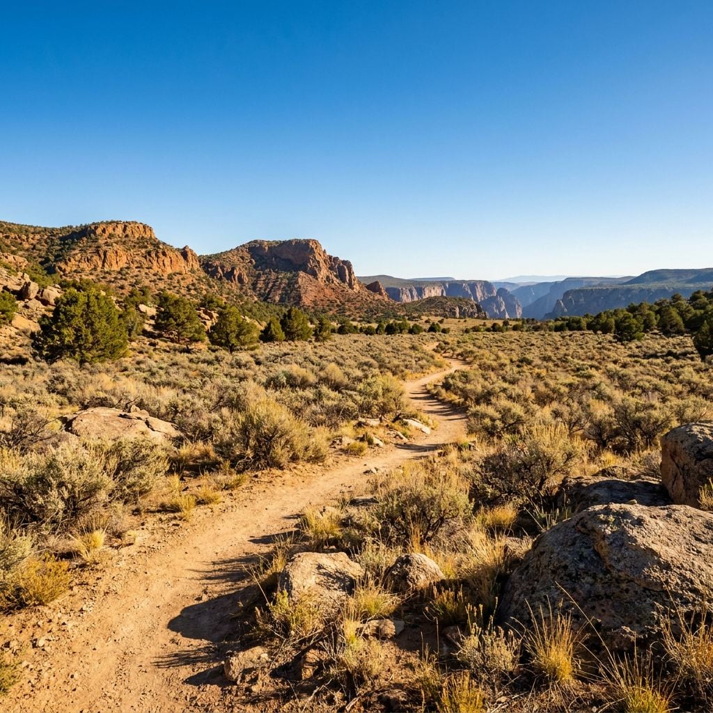 A winding dirt path leads through a desert landscape with rocky formations and sparse vegetation.