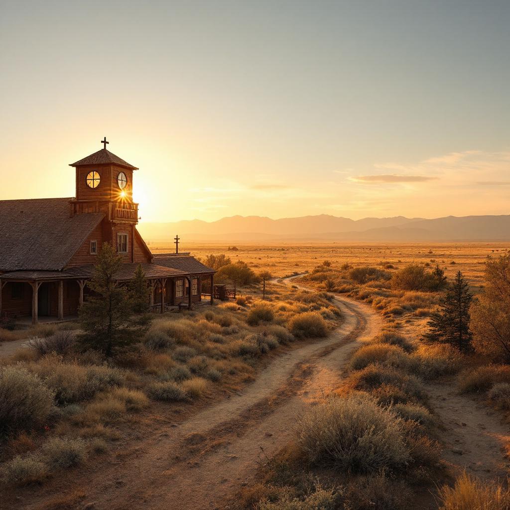 A rustic church stands in a desert landscape at sunset.