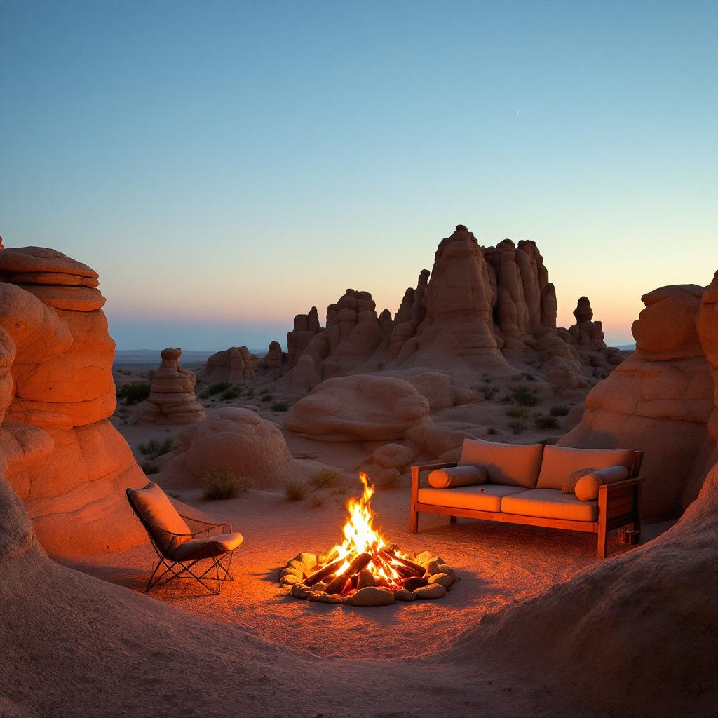 A cozy campfire setup with a sofa and chair surrounded by rock formations at dusk.