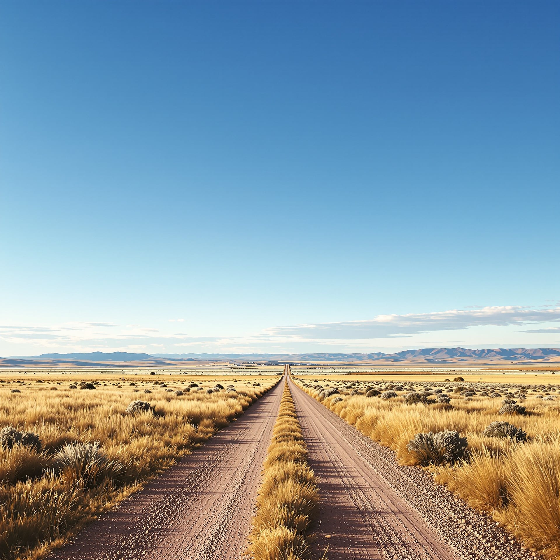 A long dirt road stretches through a grassy landscape under a clear blue sky.