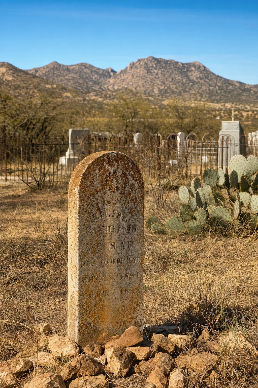 A weathered gravestone in a desert landscape with mountains in the background.