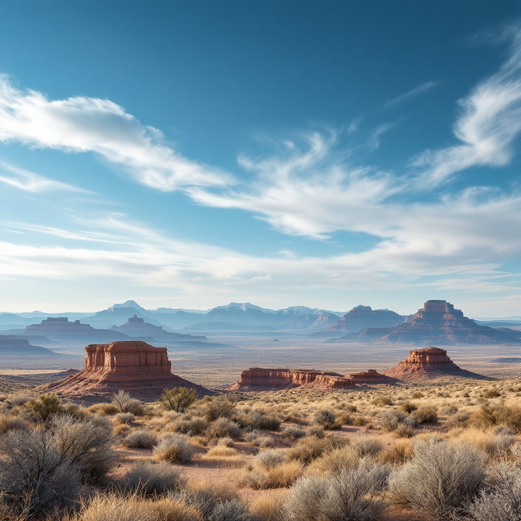 A vast desert landscape featuring red rock formations and distant mountains under a blue sky.