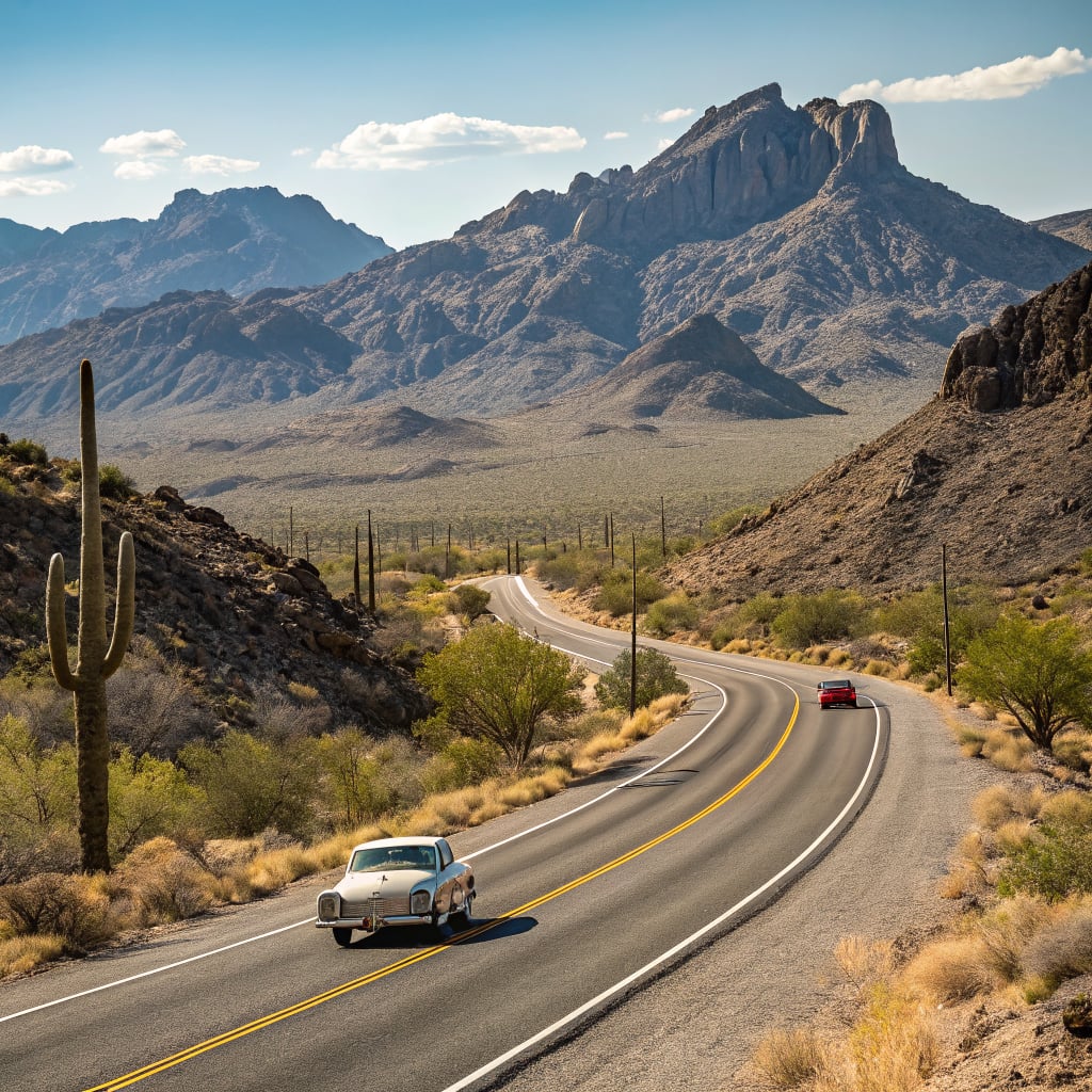 A scenic view of a winding road through a desert landscape with mountains in the background.