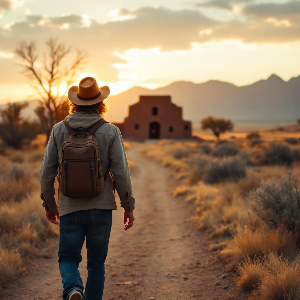 A person walking on a dirt path towards a building at sunset in a desert landscape.