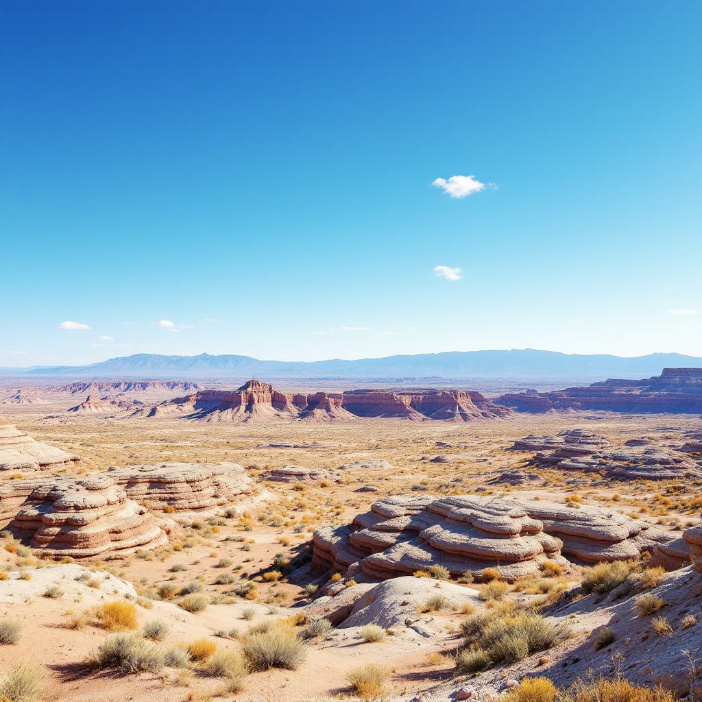 A vast desert landscape featuring layered rock formations and distant mountains under a clear blue sky.
