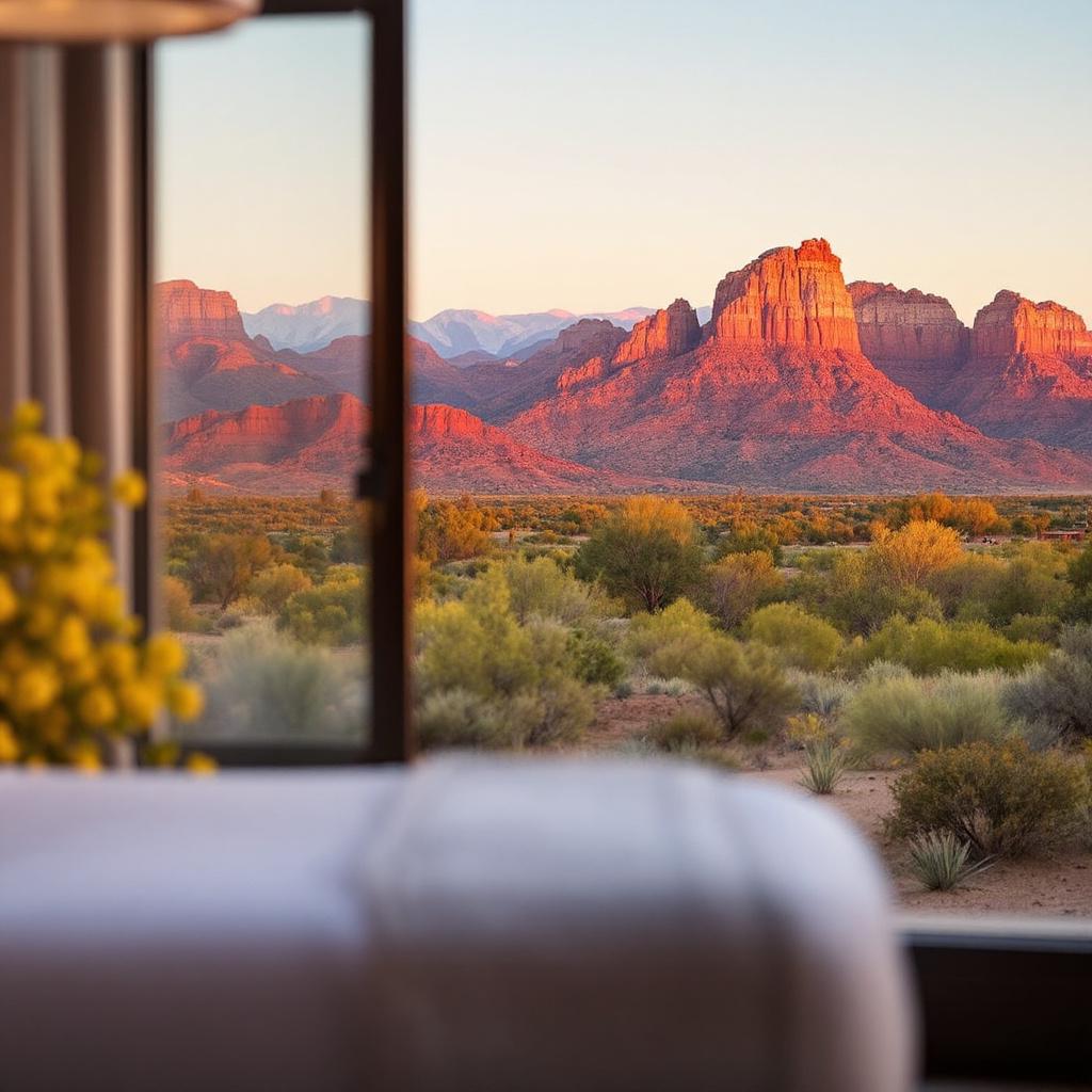 A view of red rock formations and desert vegetation at sunset from a window.