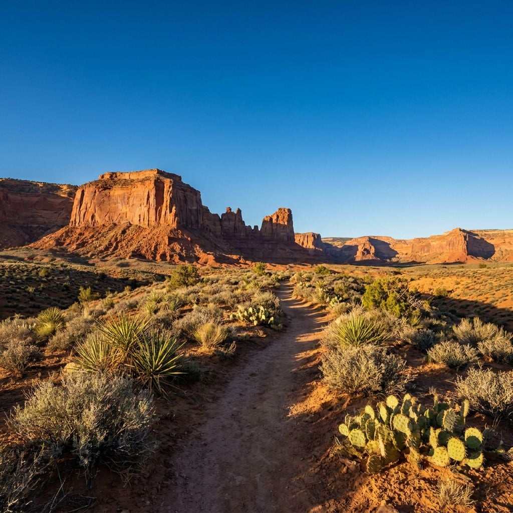 A scenic view of red rock formations and a dirt path in a desert landscape.