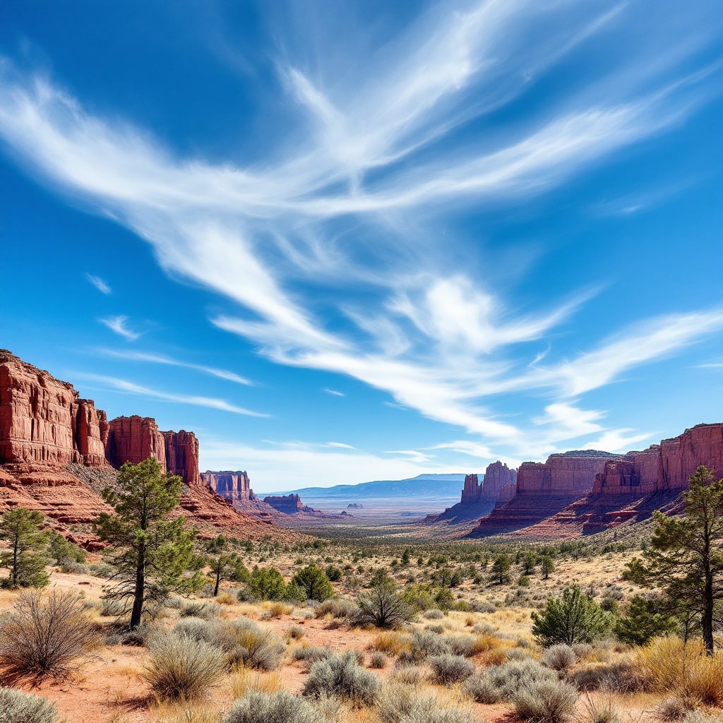 A panoramic view of a desert landscape featuring red rock formations and a blue sky with clouds.