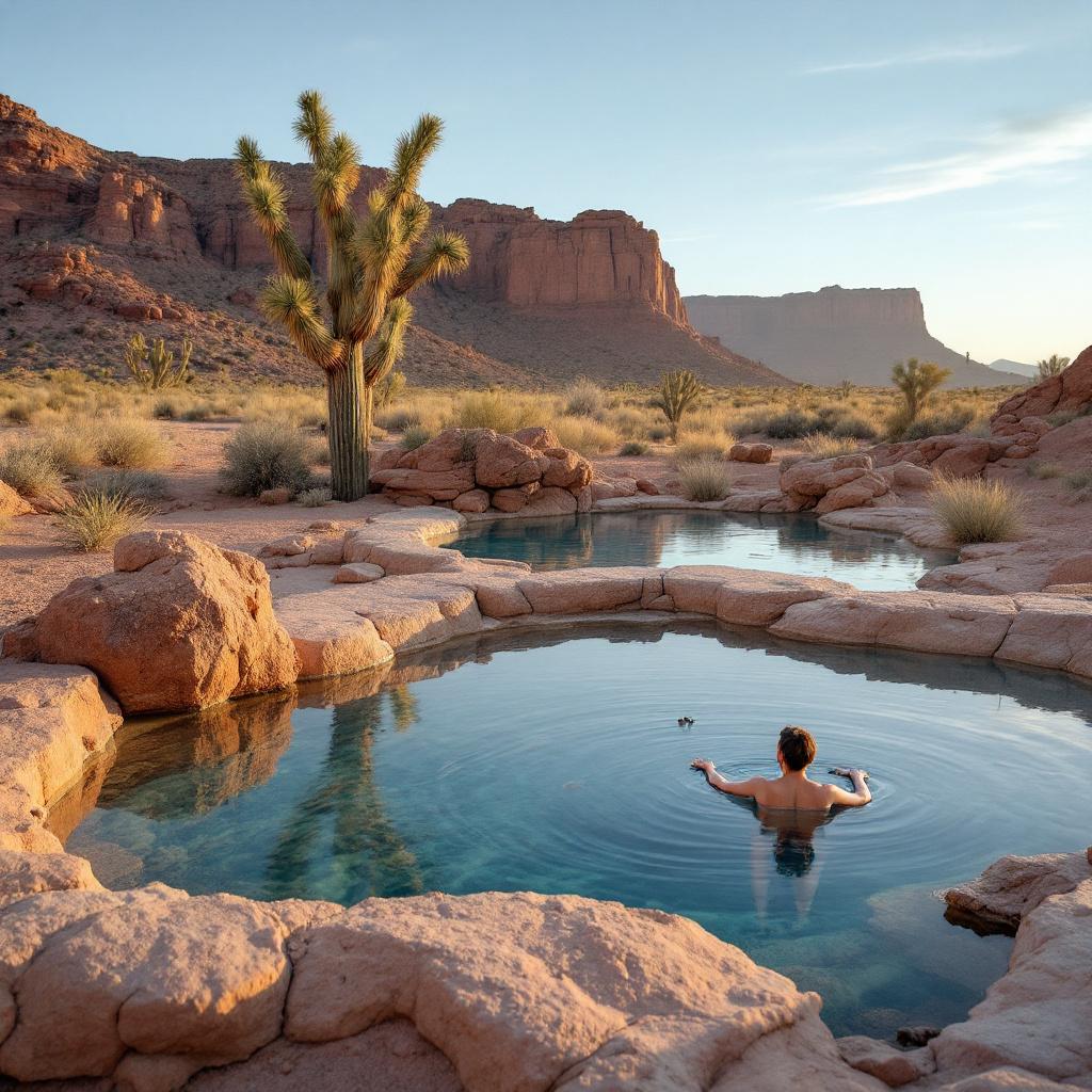 A person is relaxing in a natural hot spring surrounded by desert landscape and rock formations.