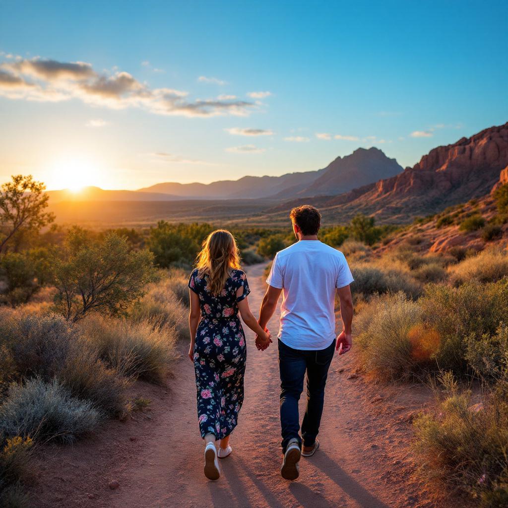 A couple walks hand in hand along a dirt path during sunset in a desert landscape.