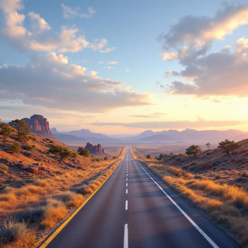 A long, empty road stretches through a desert landscape with distant mountains and a colorful sky.