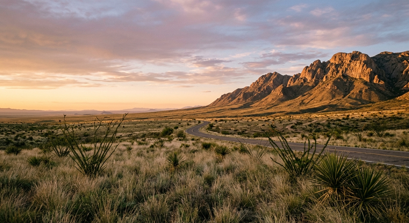A winding road leads through a desert landscape with mountains in the background during sunset.