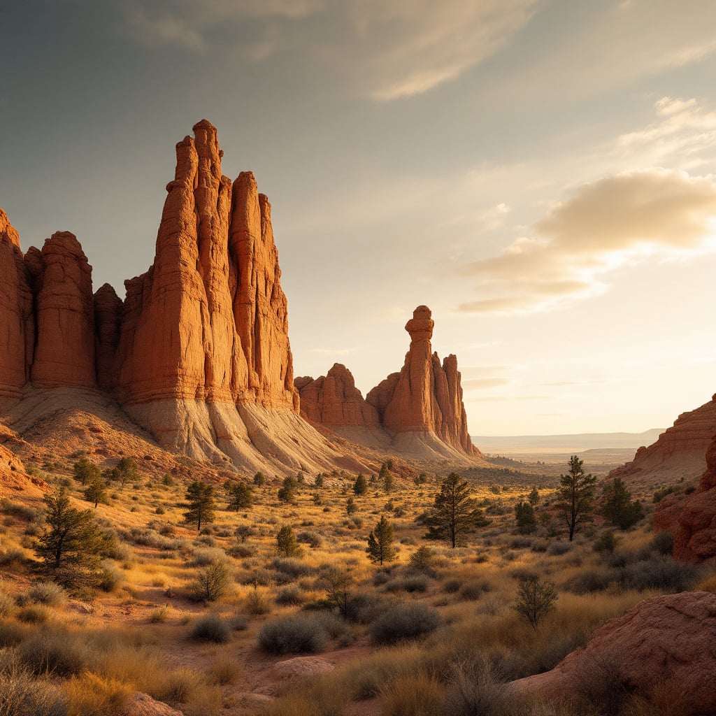 A scenic view of towering red rock formations in a desert landscape during sunset.