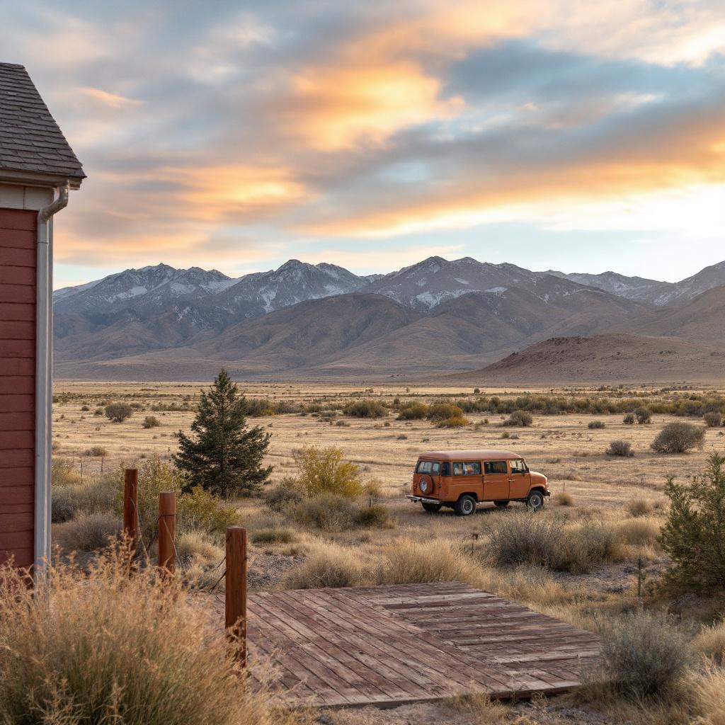 A vintage orange vehicle parked near a wooden deck with mountains in the background during sunset.