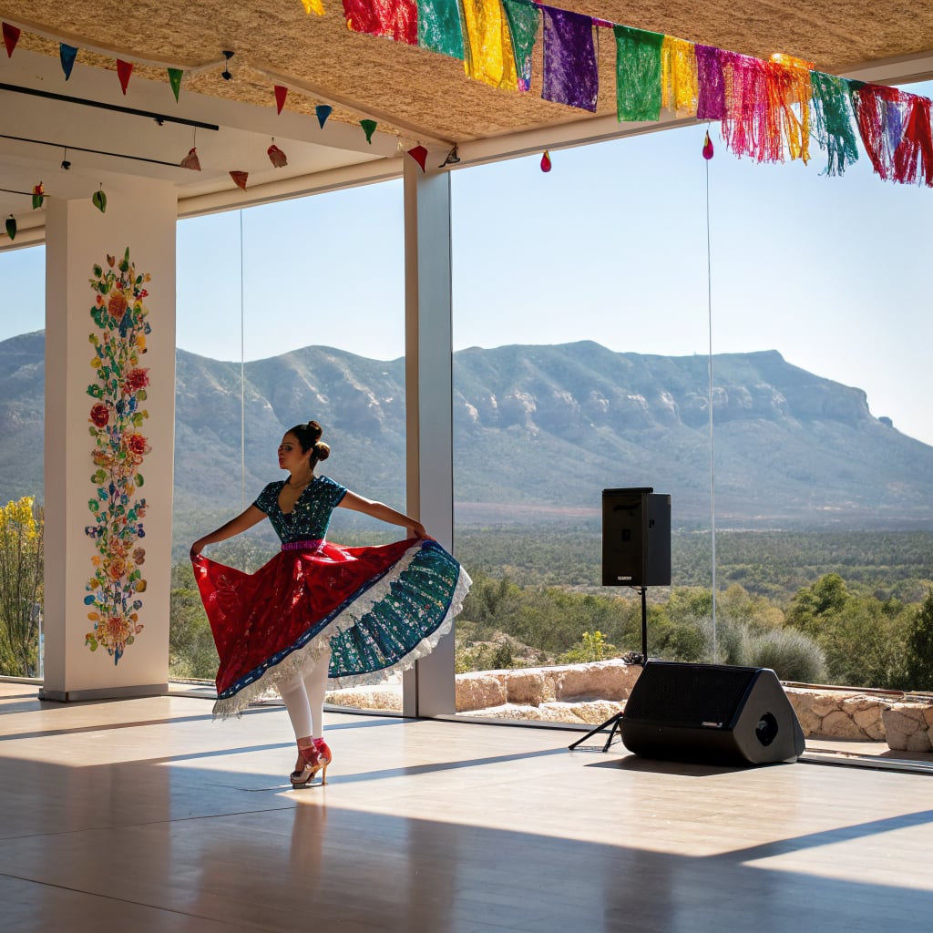A dancer performs in a colorful dress in front of a mountain backdrop.