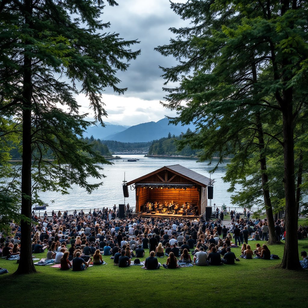 A large audience enjoys a live music performance at an outdoor venue by a lake surrounded by trees and mountains.