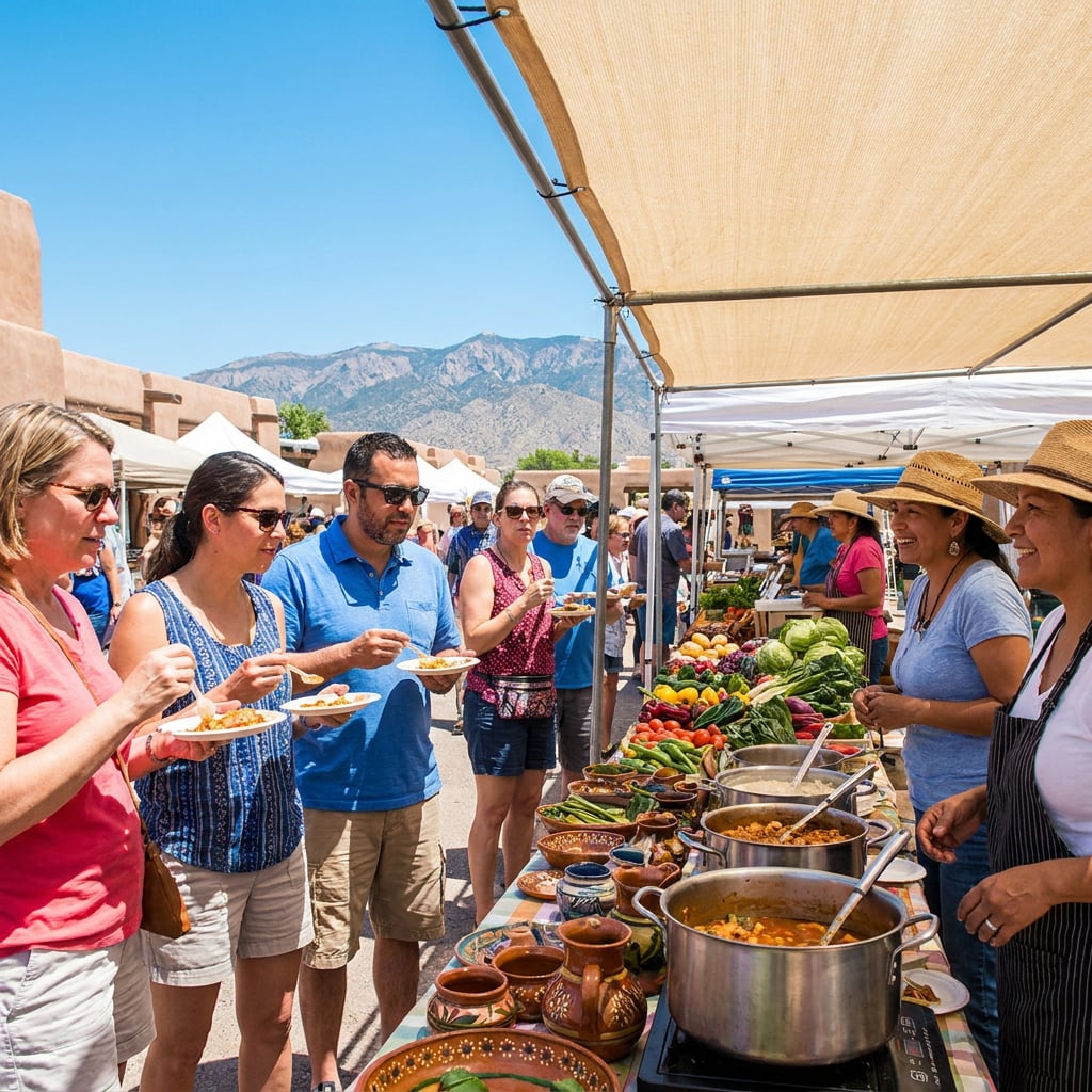 A vibrant outdoor market scene with people enjoying food and shopping at various stalls.