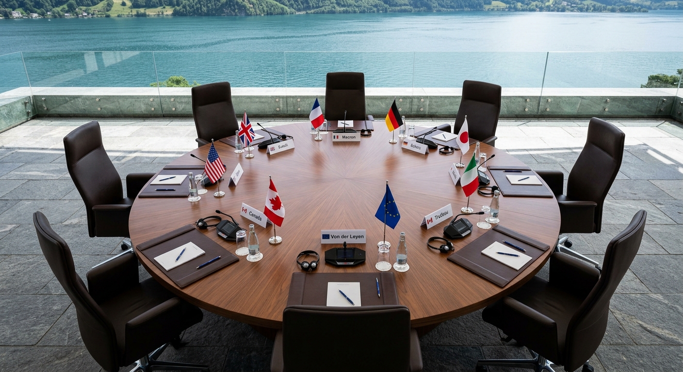 A round conference table set up for a meeting with flags of various countries and a scenic view of water in the background.