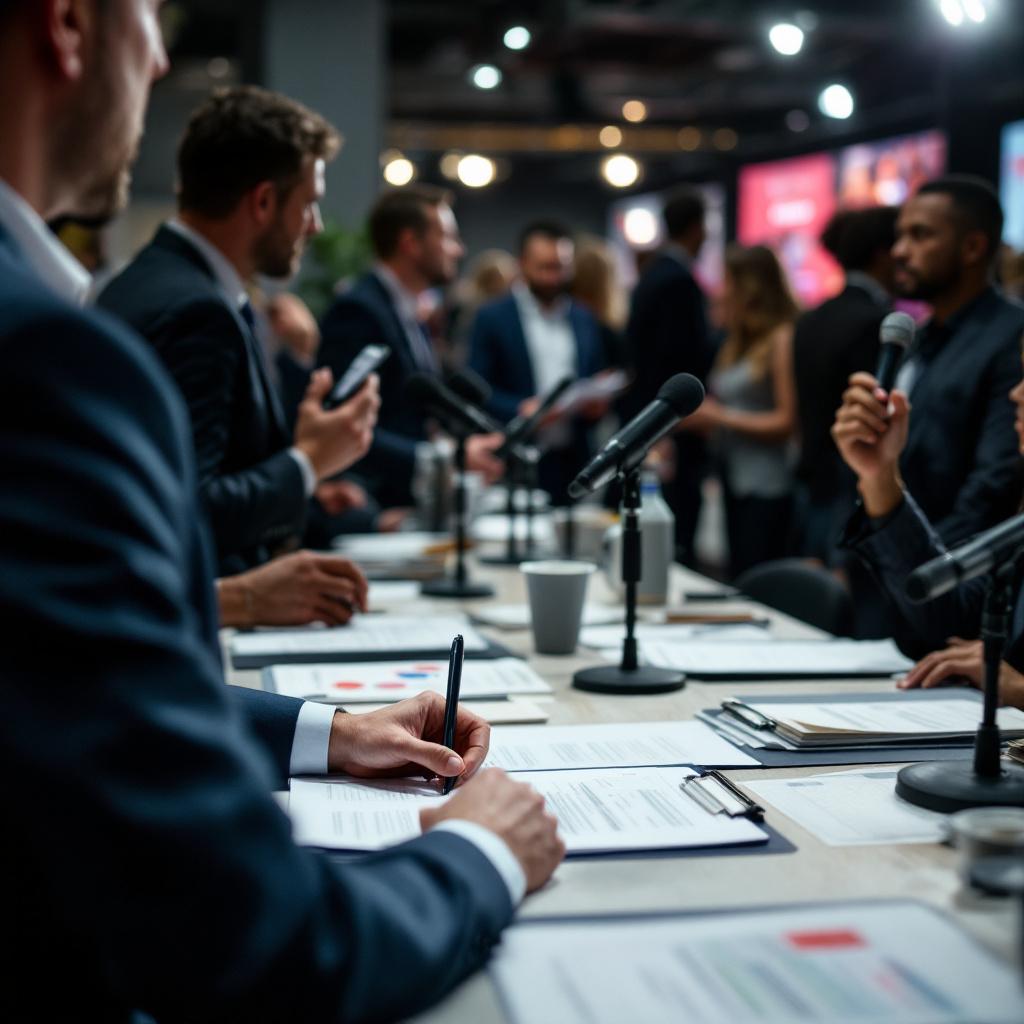 A group of professionals engaged in discussions at a conference or meeting.