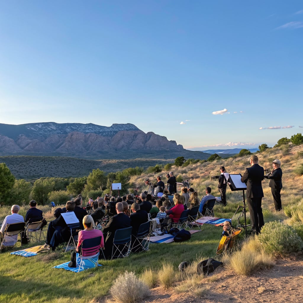 A group of musicians performs outdoors in front of an audience with mountains in the background.
