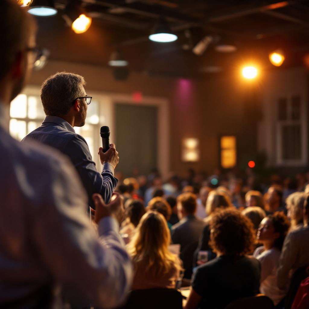 A speaker addresses an audience during an event.