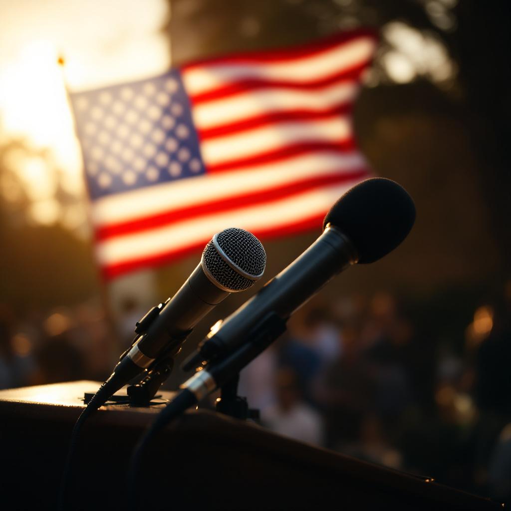 Two microphones are positioned in front of an American flag during an outdoor event.