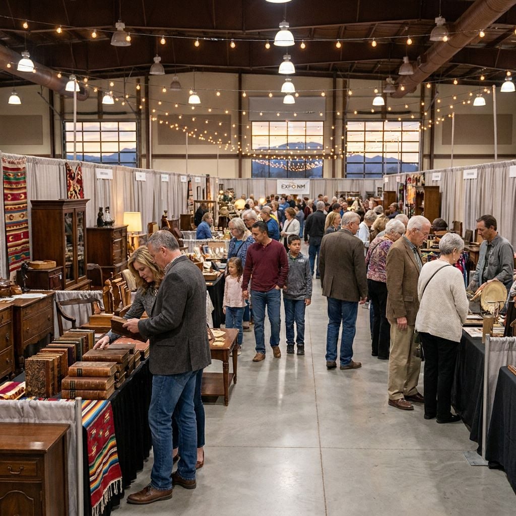 A crowded indoor craft fair featuring various wooden items and crafts.