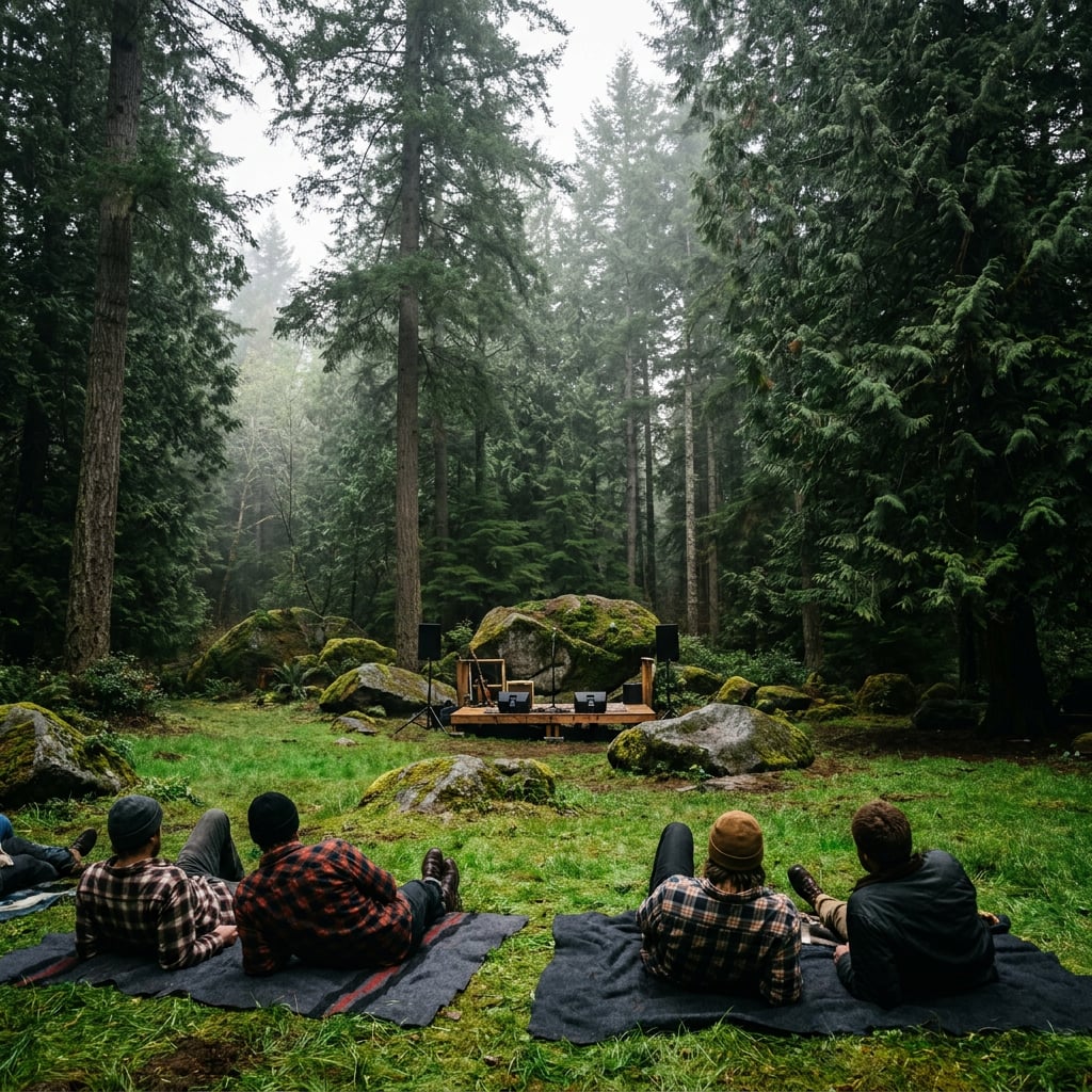 A group of people sitting on blankets in a forest watching a small stage.