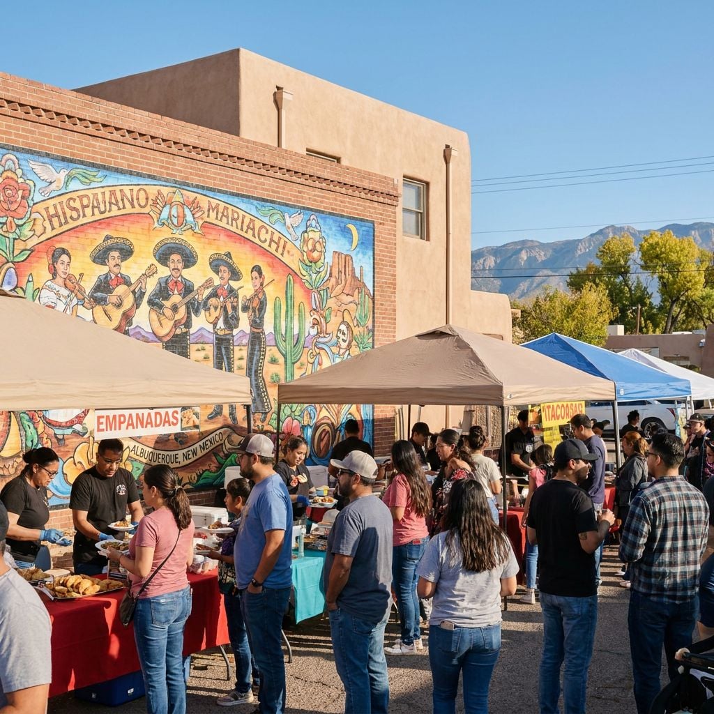 A vibrant outdoor market scene featuring food stalls and a colorful mural.