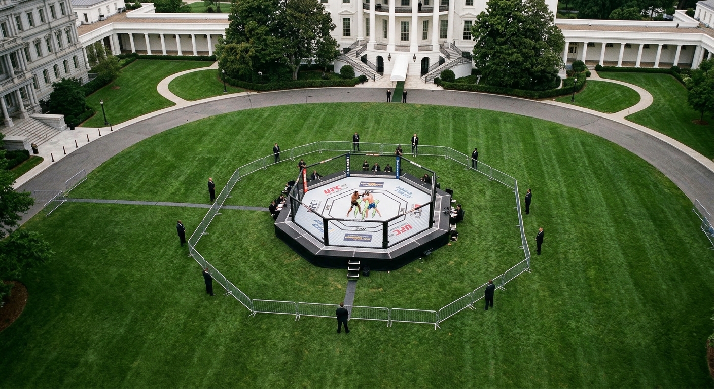 An octagonal fighting ring set up on a lawn in front of a large white building.