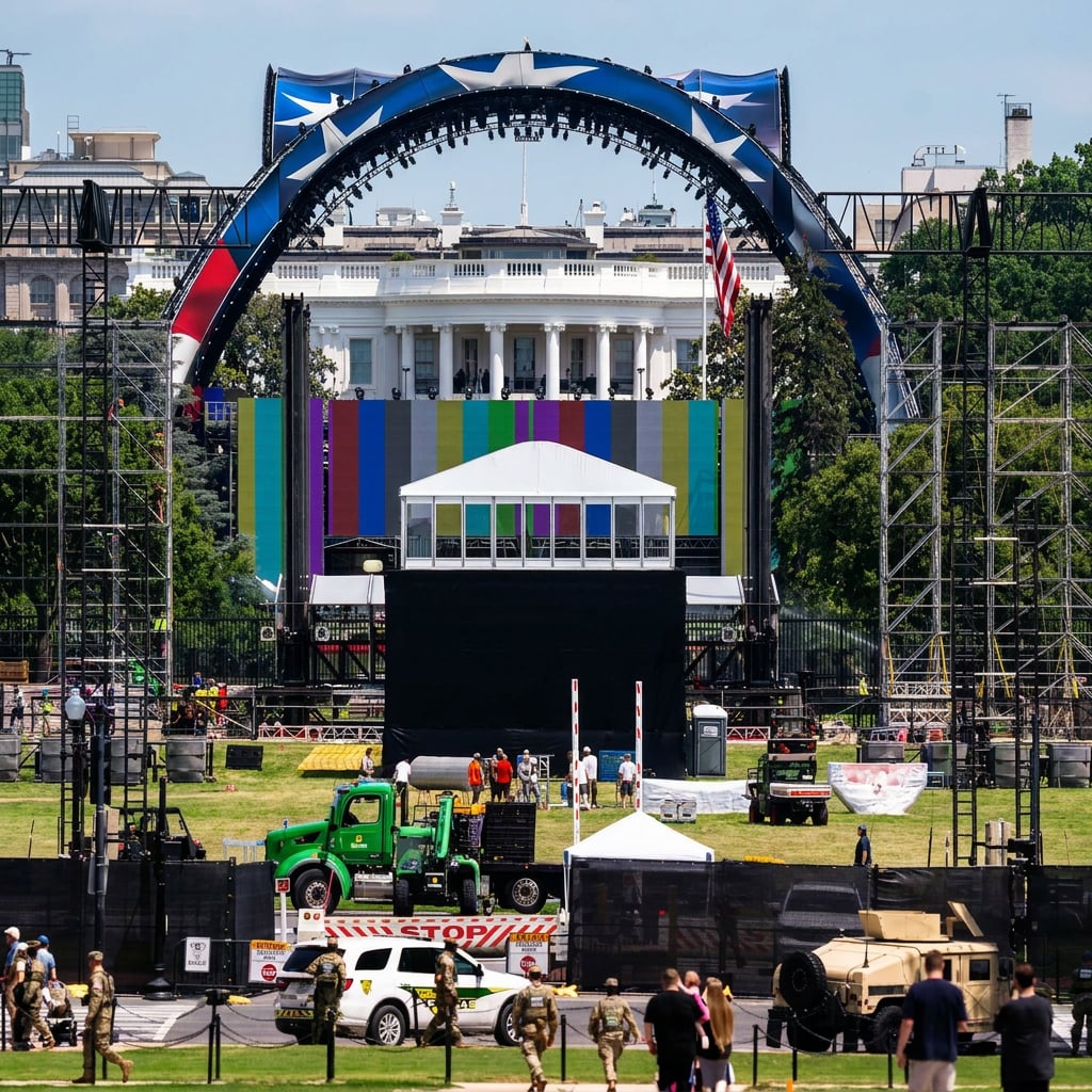 A stage setup for an event in front of a large white building.