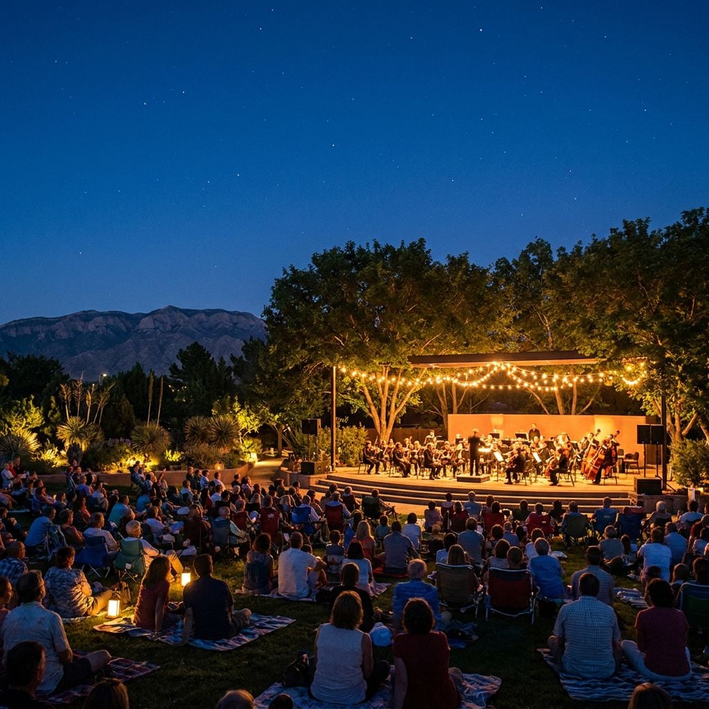 An outdoor concert featuring an orchestra performing under a starry sky.