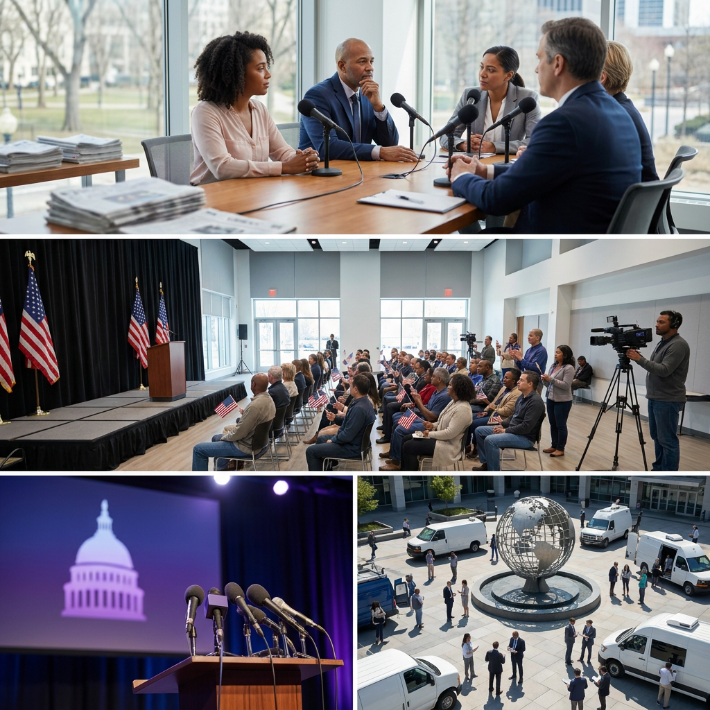 A press conference setup with speakers and an audience in a modern venue.